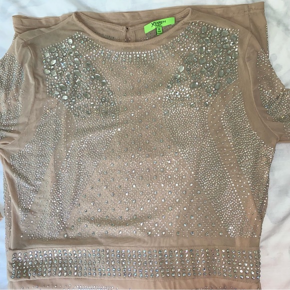 HP✨Xtaren Long Sleeve Sheer Mesh Rhinestone Bodycon Mini Dress - Picture 4 of 13